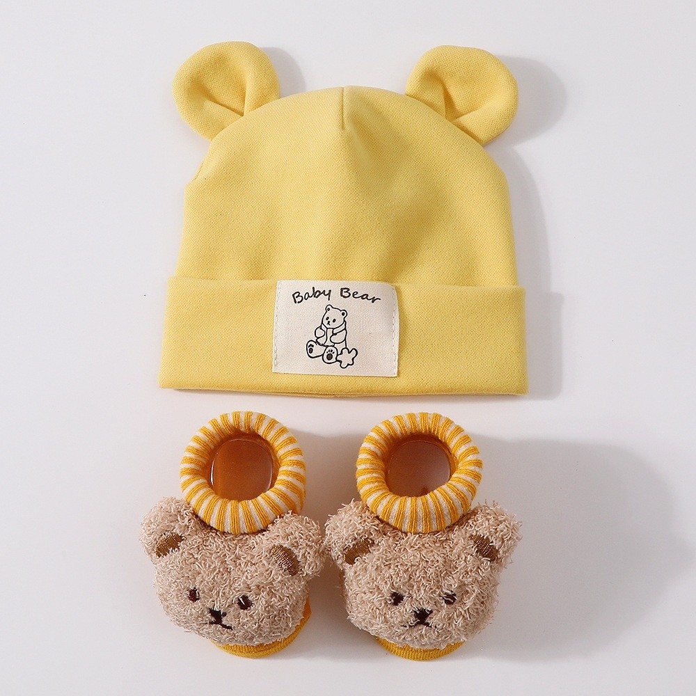 2Pcs/Set Cotton Baby Hat Socks - Infant Beanie Hat With Ears ulasan dan harga