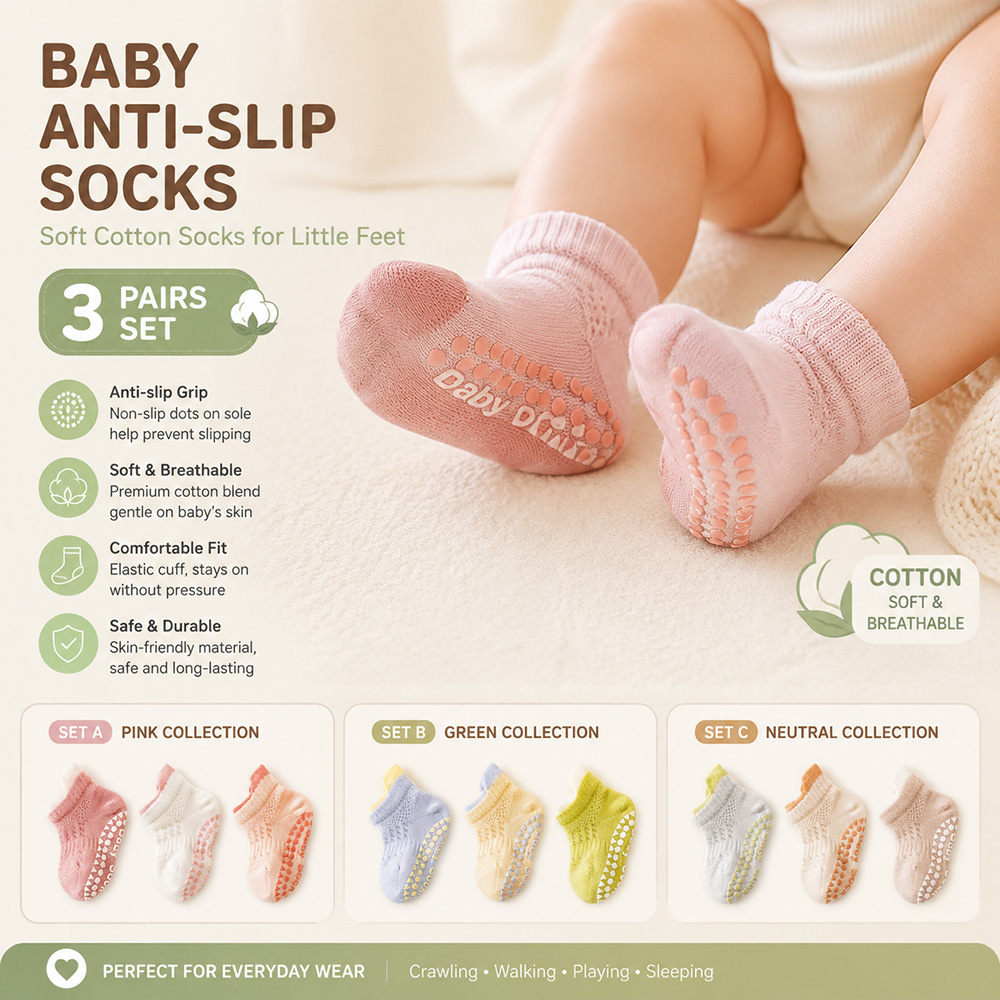 Baby Anti Slip Socks 3 Pairs S - Unisex Baby Socks Non Slip ulasan dan harga